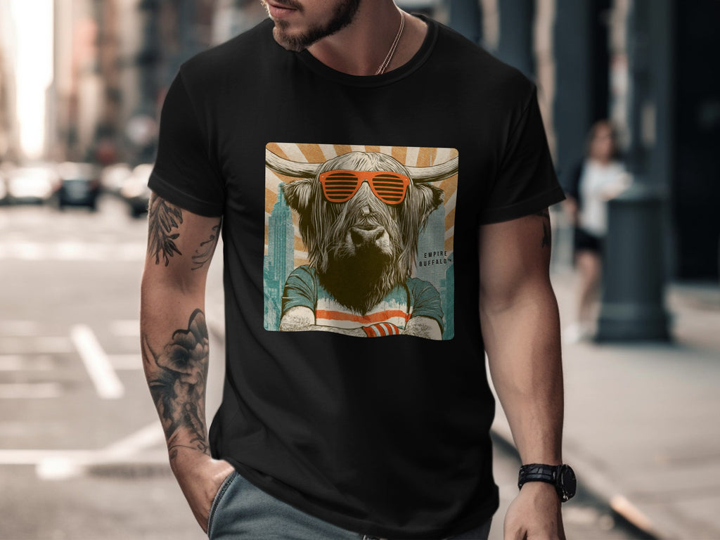 T-shirt graphic of a bull wearing sunglasses and stripes.