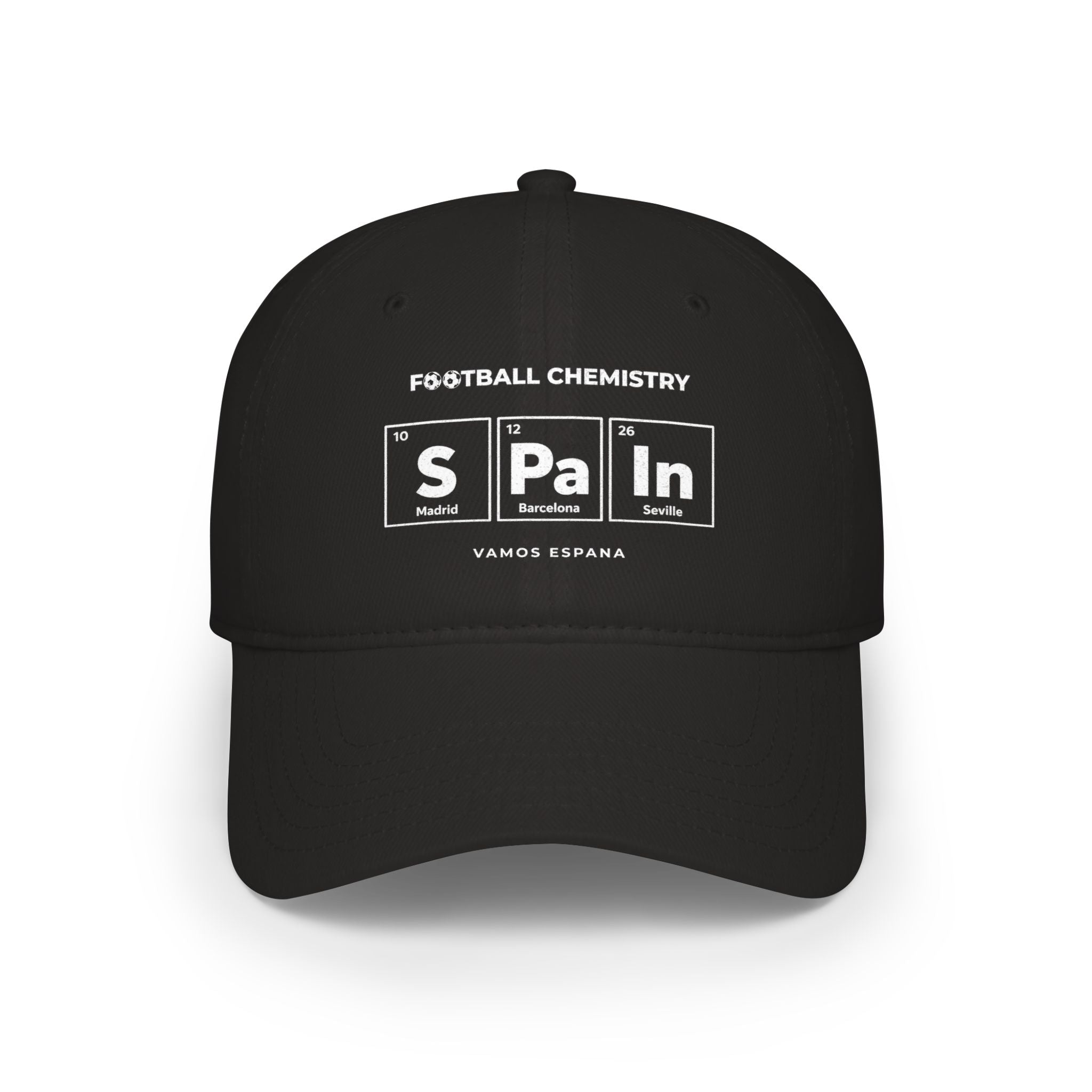 Black baseball cap with "FOOTBALL CHEMISTRY" and periodic table elements for Spain.