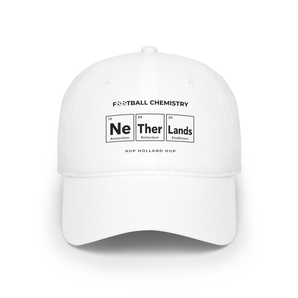 White baseball cap with "FOOTBALL CHEMISTRY" and periodic table elements.