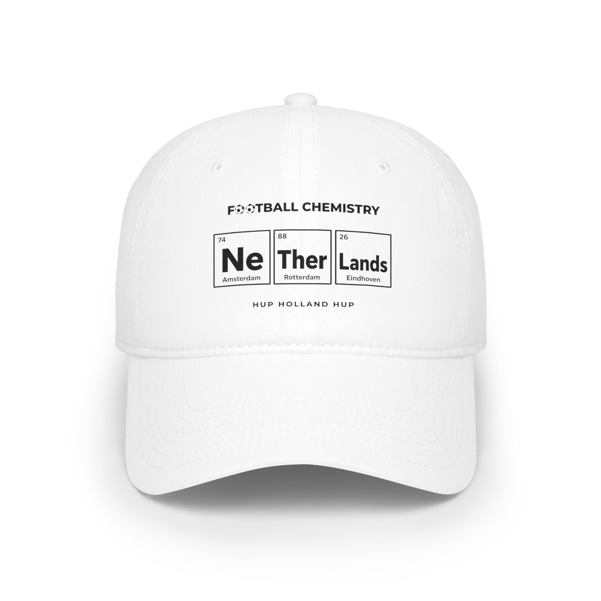 White baseball cap with "FOOTBALL CHEMISTRY" and periodic table elements.