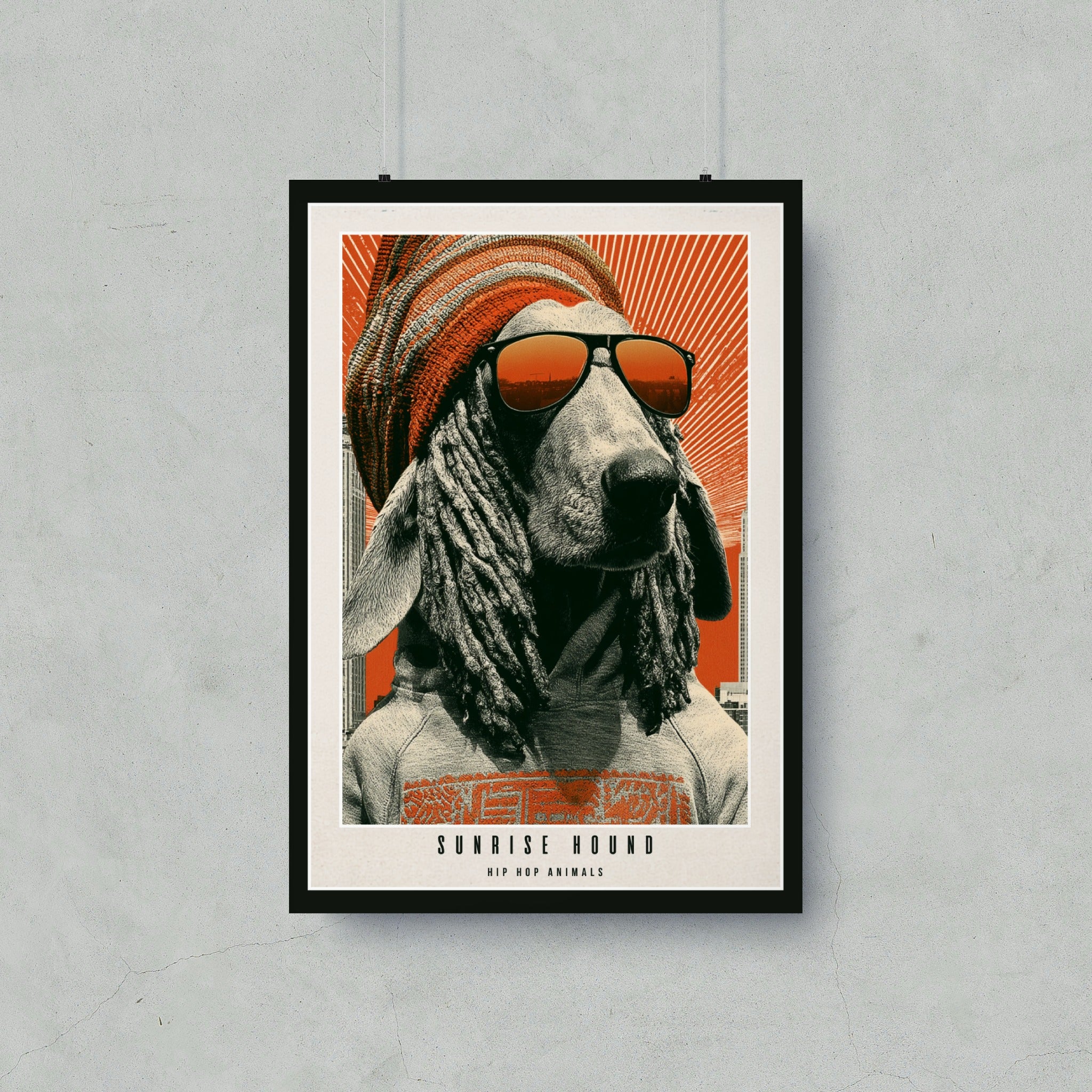 Dog wearing sunglasses and a beanie, "Sunrise Hound Hip Hop Animals" text.