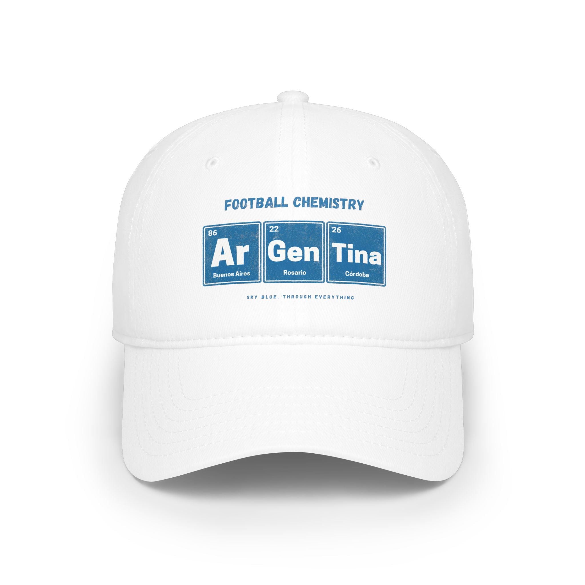 White baseball cap with "FOOTBALL CHEMISTRY" and periodic table elements.
