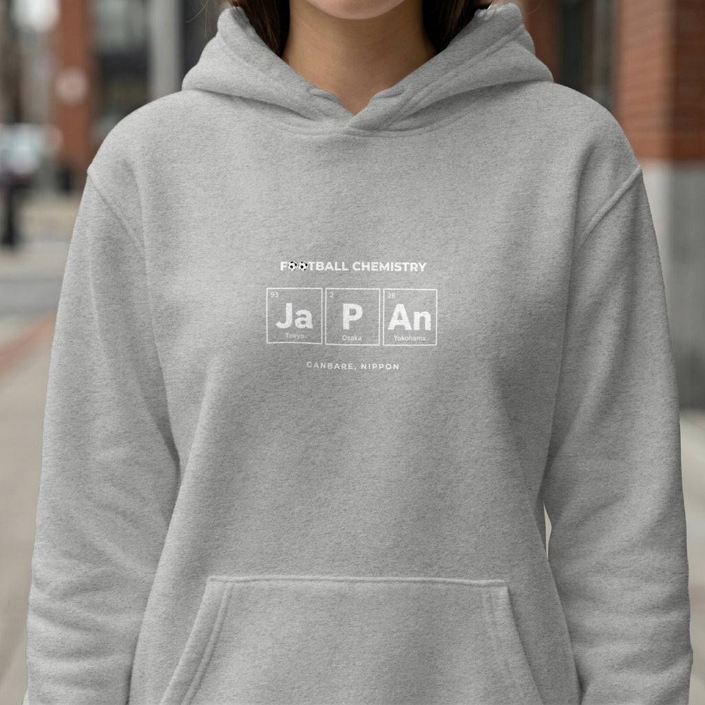 Gray hoodie with "FOOTBALL CHEMISTRY" and periodic table elements for Japan.