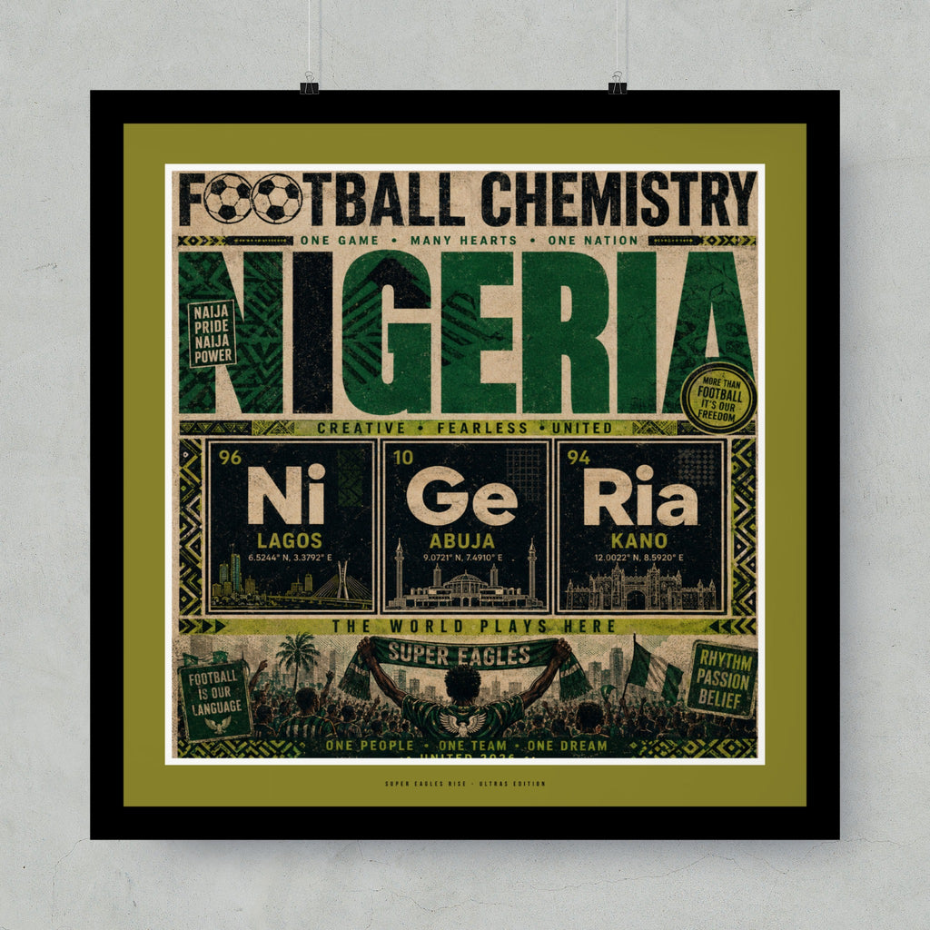Nigeria Football Chemistry poster with map coordinates and Super Eagles team name.