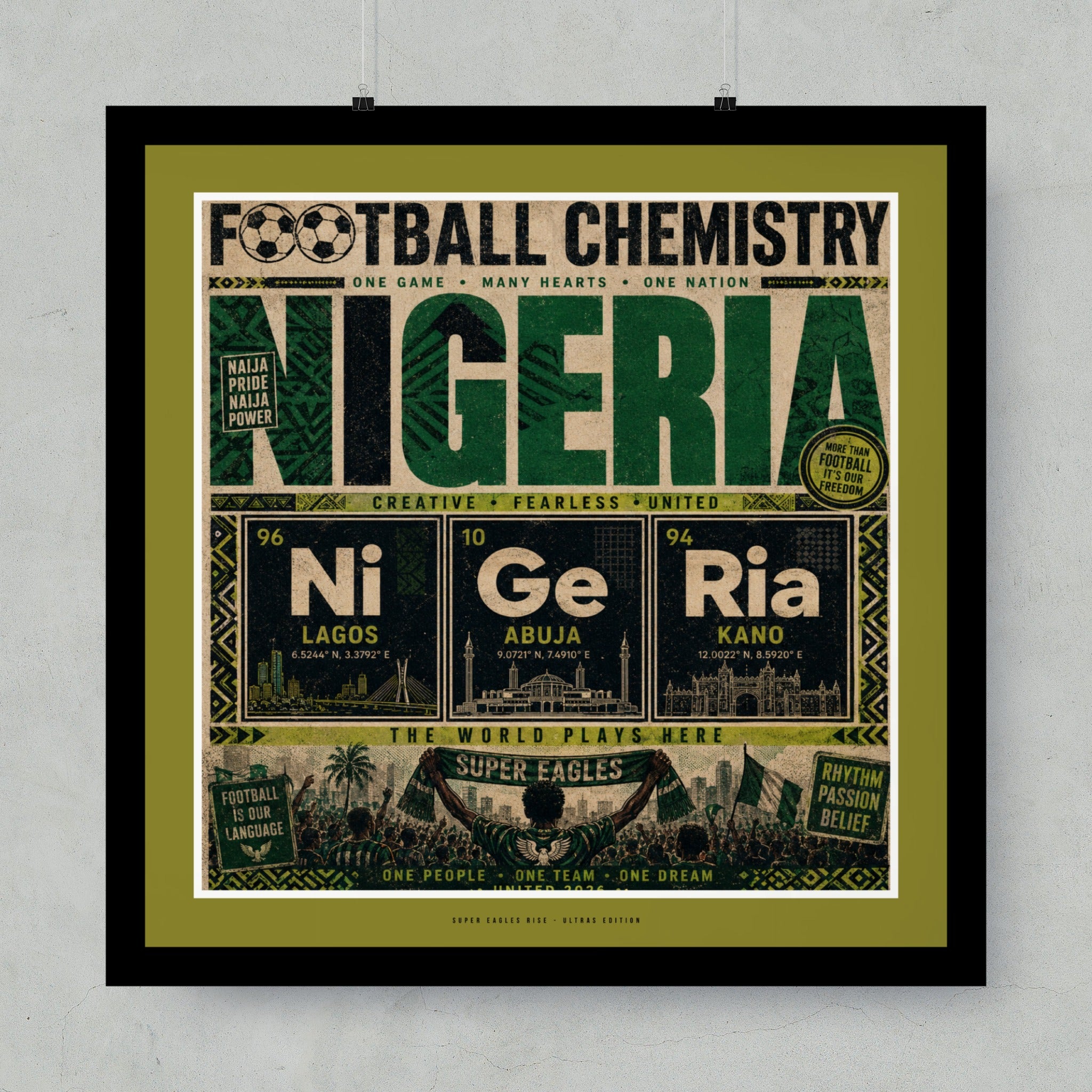Nigeria Football Chemistry poster with map coordinates and Super Eagles team name.
