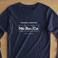 Navy t-shirt with "FOOTBALL CHEMISTRY" and periodic table elements for Morocco.