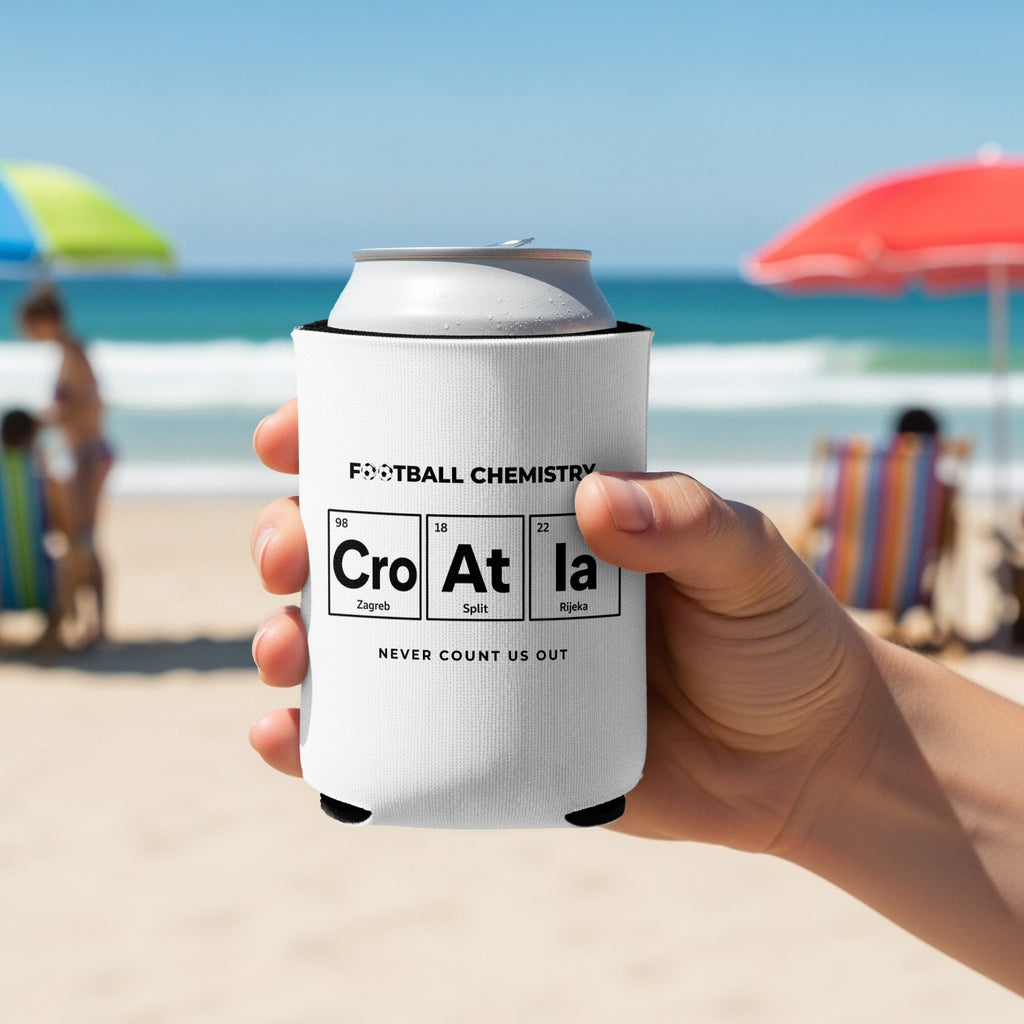 Can cooler with "Football Chemistry" text, element symbols, and Croatian cities.