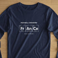 Navy t-shirt with "Football Chemistry" and periodic table elements for France.
