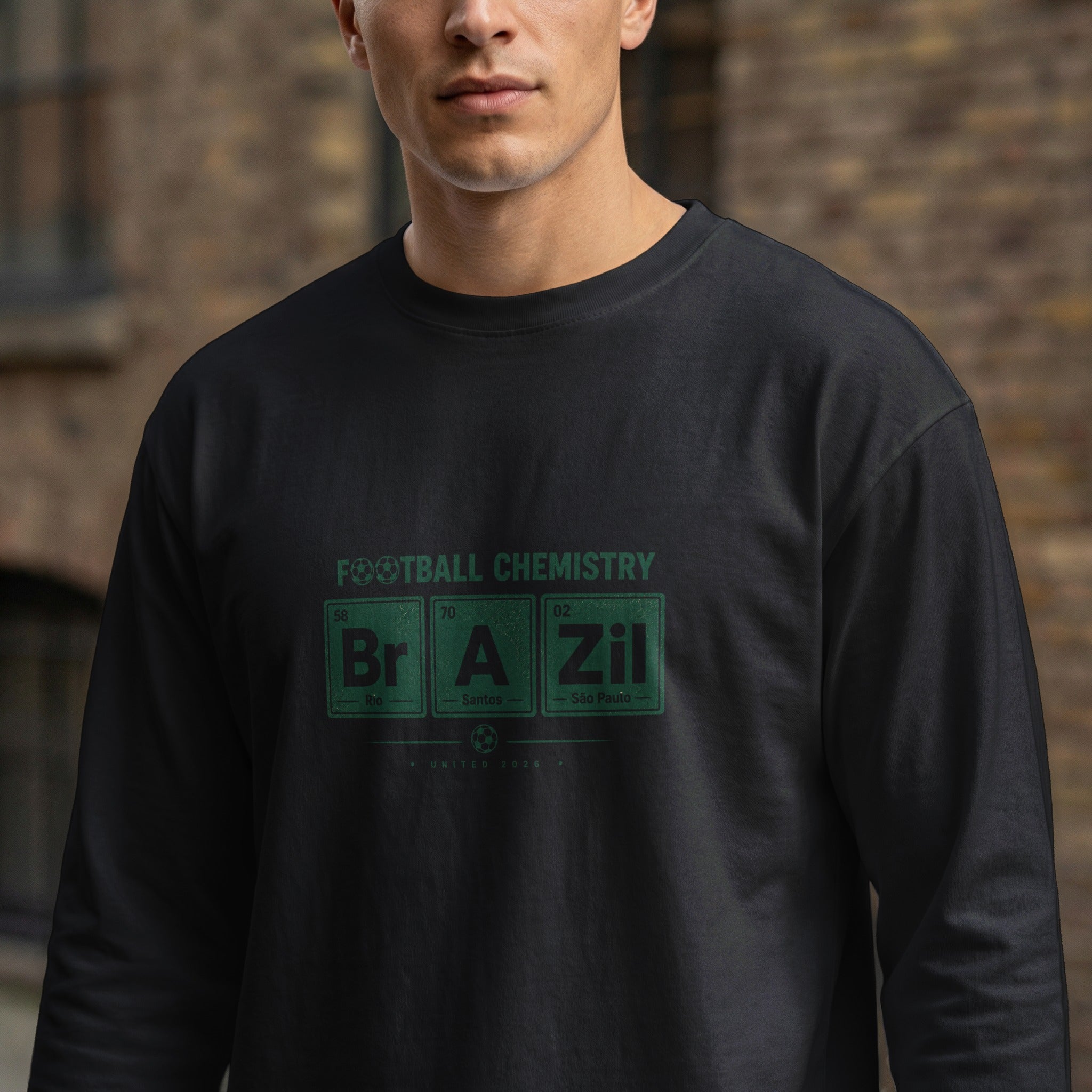 Black long-sleeve shirt with "Football Chemistry" and Brazil-themed periodic table elements.