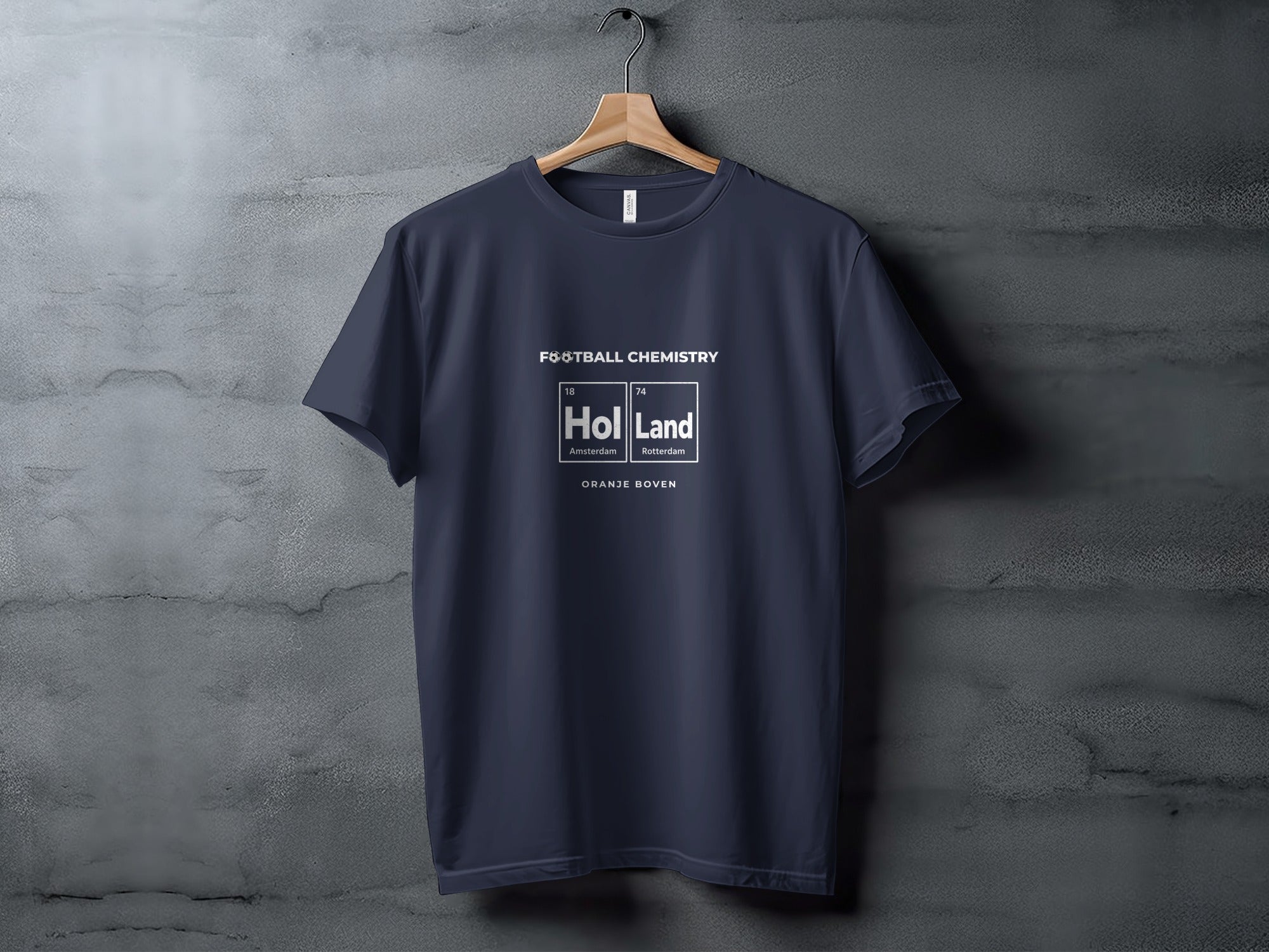 Navy t-shirt with "FOOTBALL CHEMISTRY HOL LAND" and city names.