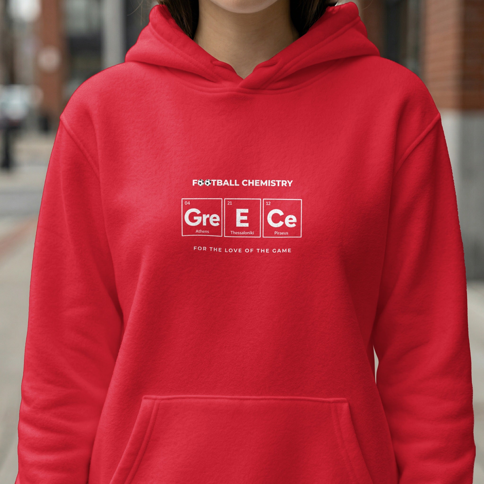 Red hoodie with "FOOTBALL CHEMISTRY" and "Gre E Ce" periodic table design.