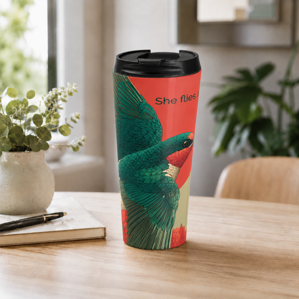 She Flies Forward Stainless Steel Travel Mug | Motivational Graphic Forward Flight