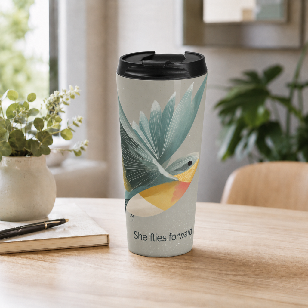She Flies Forward Stainless Steel Travel Mug | Motivational Graphic Quiet Lift
