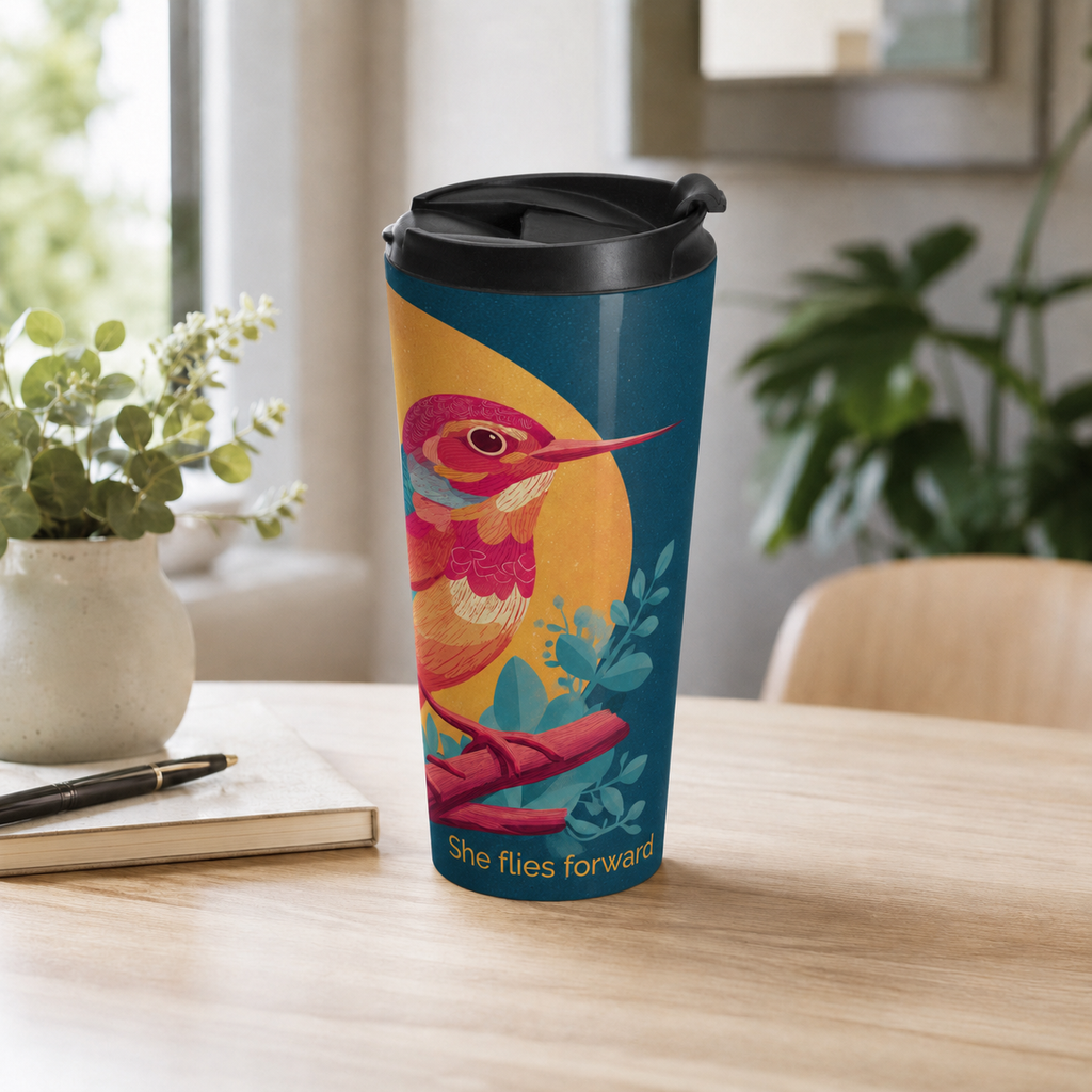 She Flies Forward Stainless Steel Travel Mug | Motivational Graphic Solar Flight