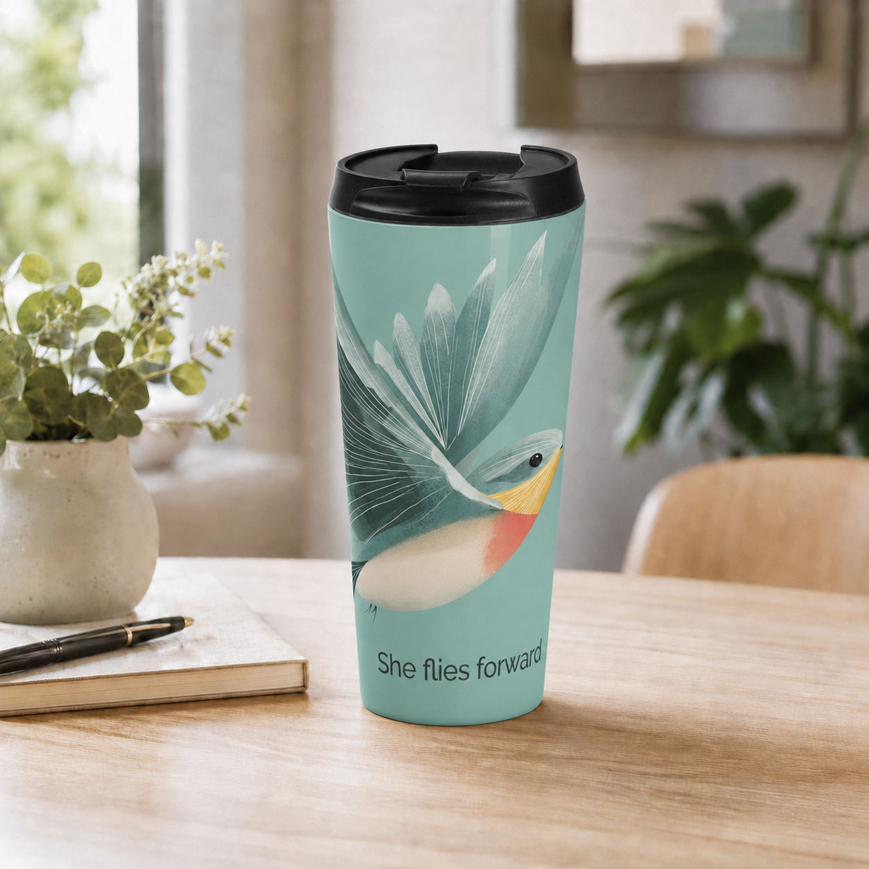 She Flies Forward Stainless Steel Travel Mug | Motivational Graphic Green Minimal