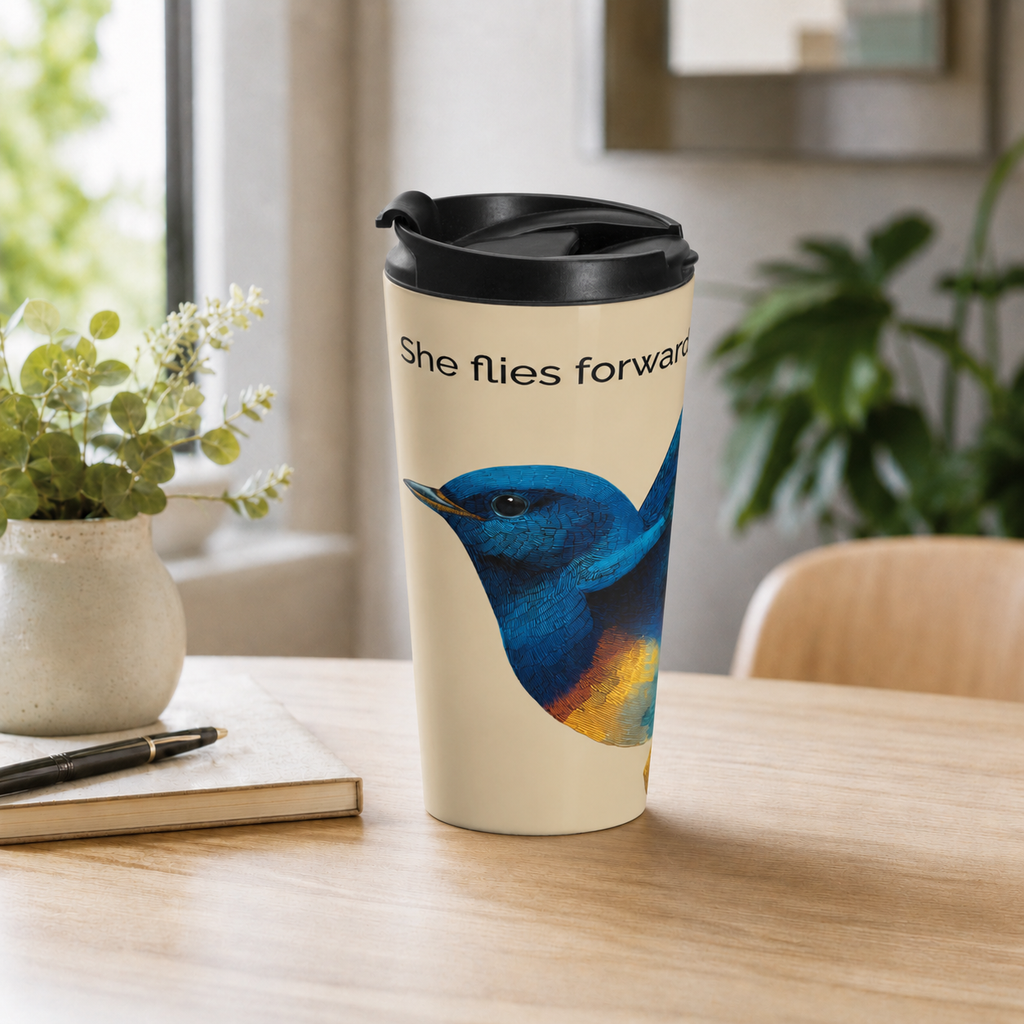 She Flies Forward Stainless Steel Travel Mug | Motivational Graphic Deep Horizon