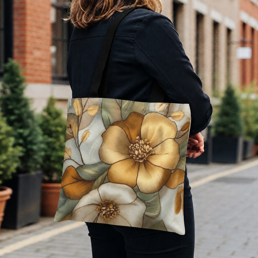 Golden Bloom Cotton Tote Bag | 3D Embroidery style Botanical