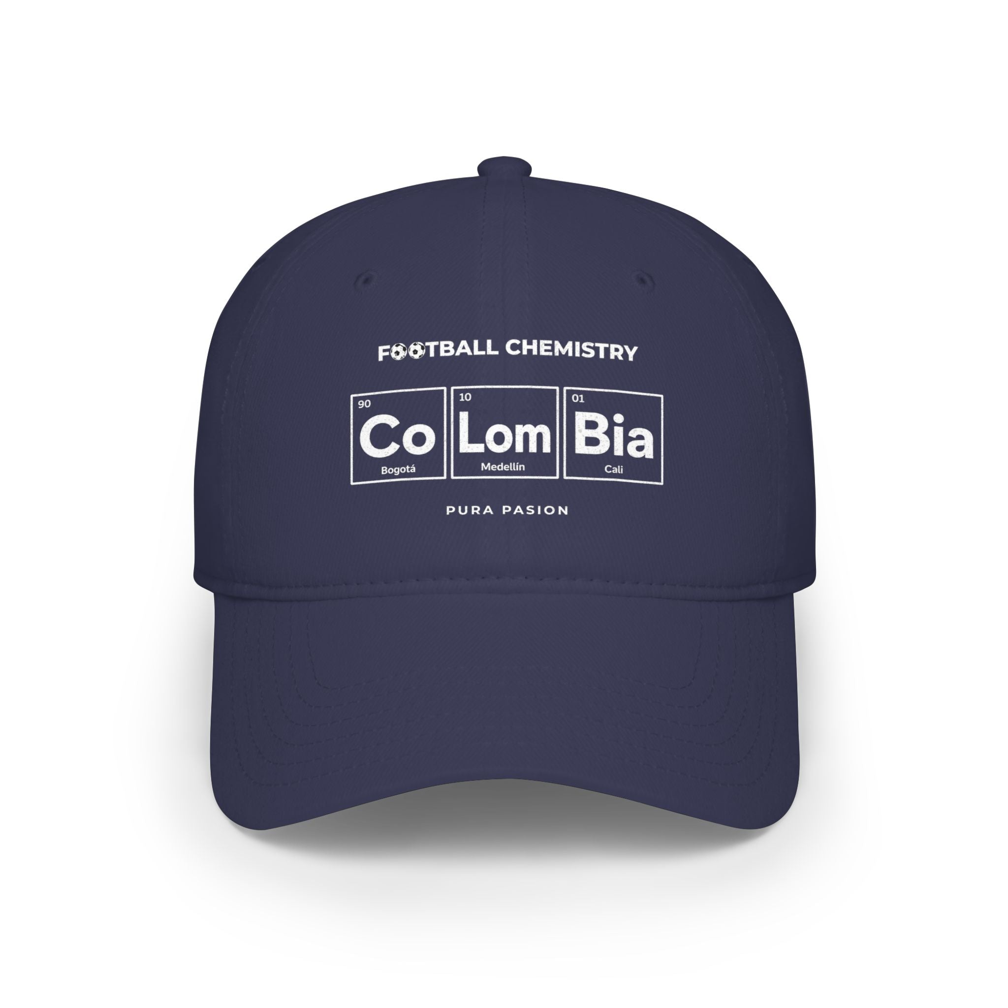 Navy baseball cap with "Football Chemistry CoLoMbiA" and city names.