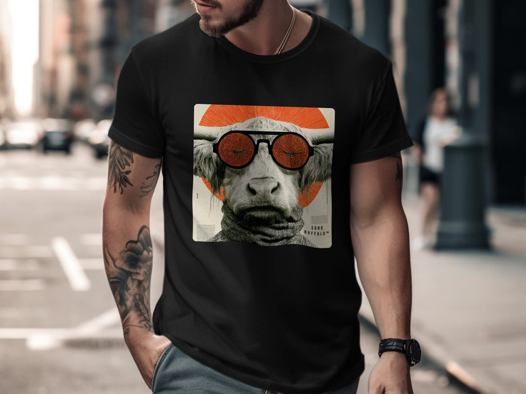 Man in black t-shirt with buffalo graphic and "Sono Buffalo" text.