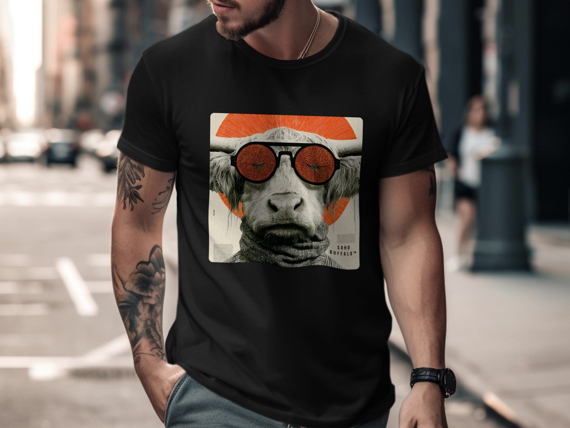 Man in black t-shirt with buffalo graphic and "Sono Buffalo" text.