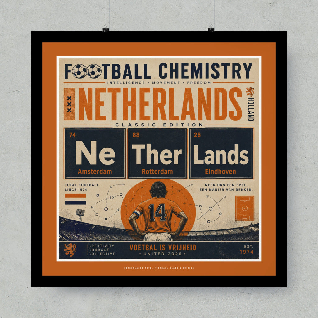 Netherlands Total Football Classic Edition poster with player and stadium schematic.