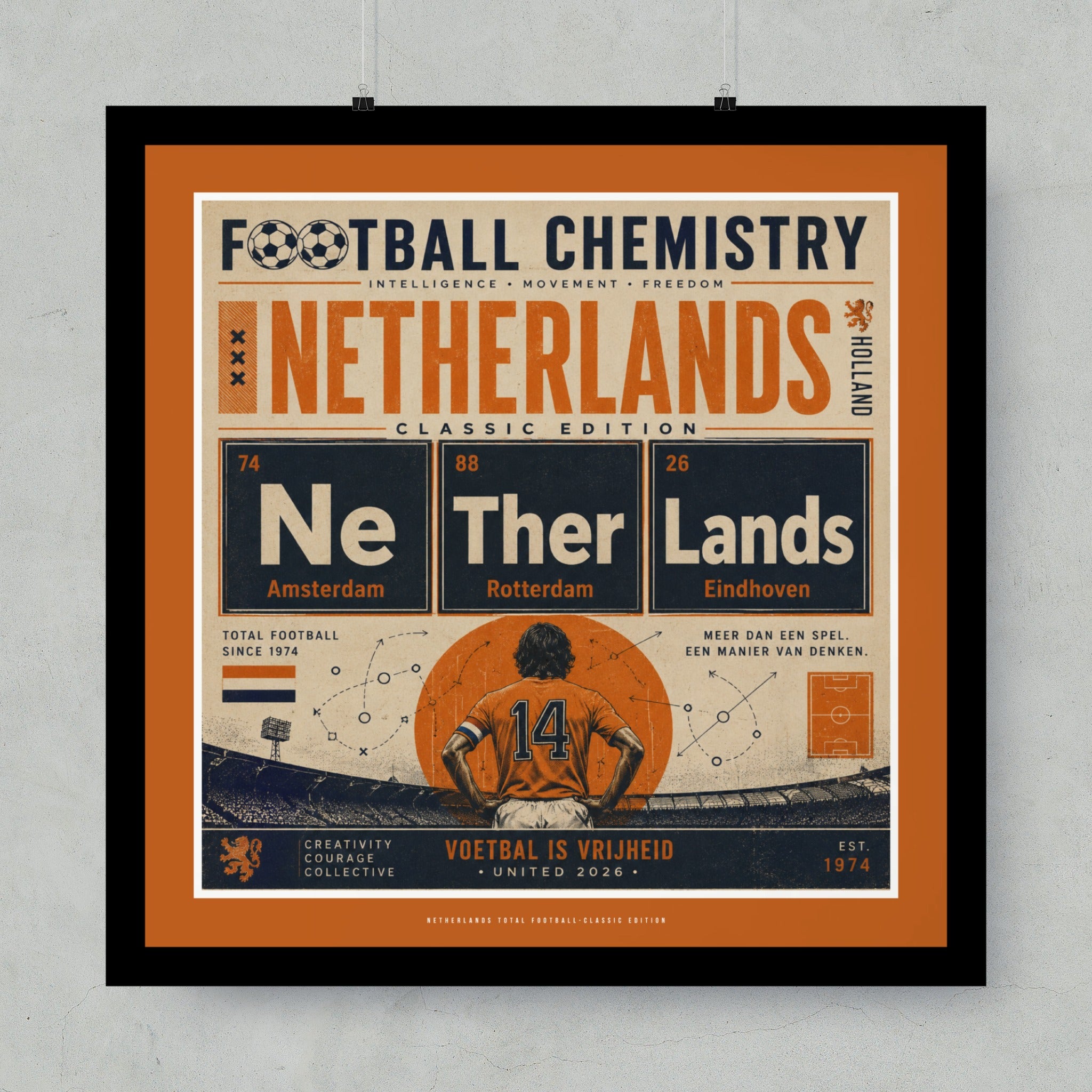 Netherlands Total Football Classic Edition poster with player and stadium schematic.