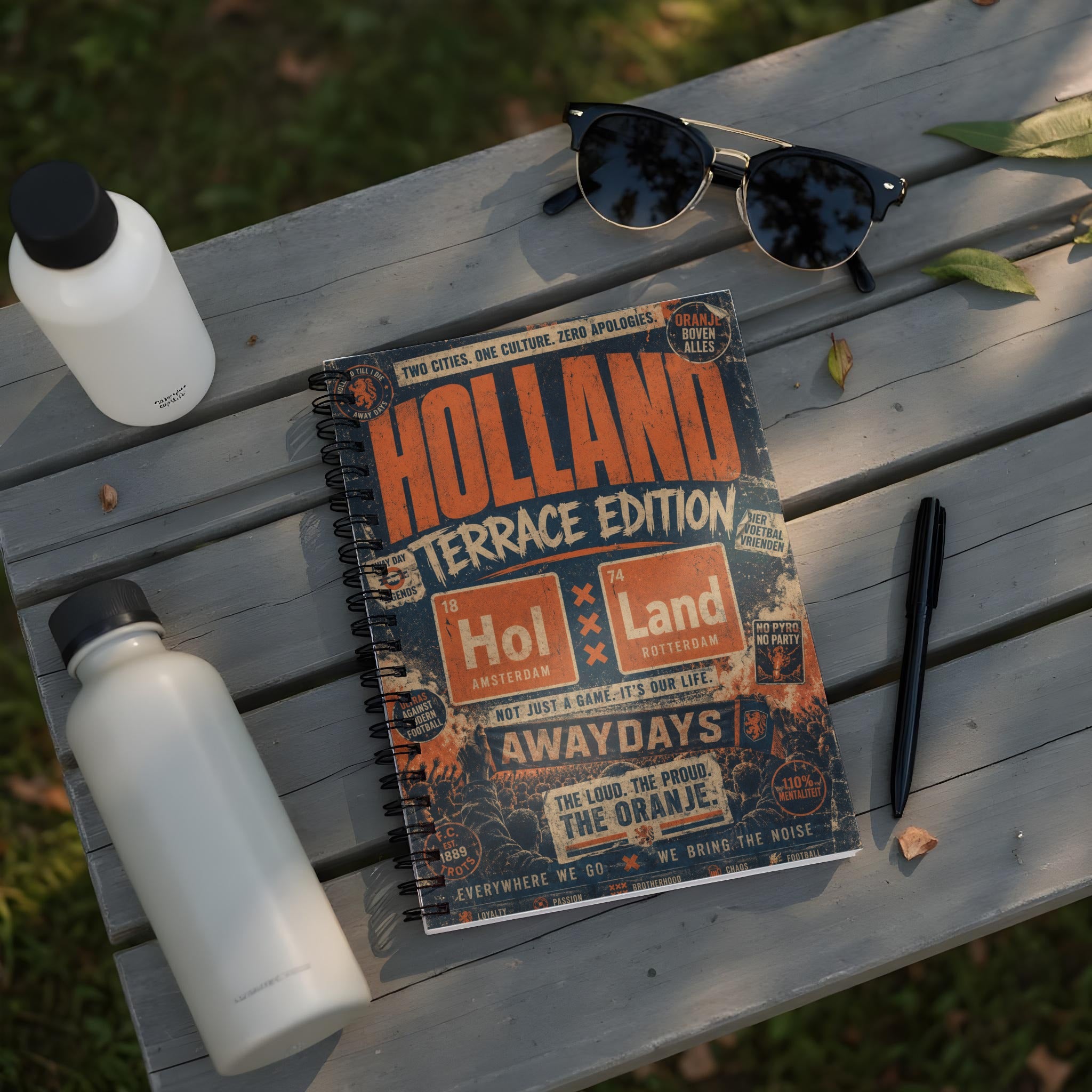 Spiral notebook with "Holland Terrace Edition" text and football-themed graphics.
