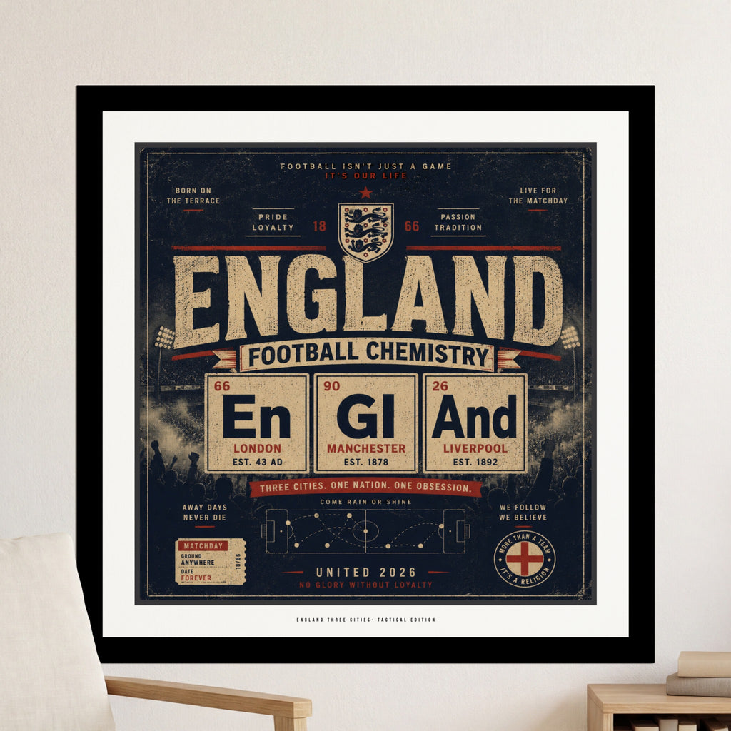 Football Chemistry England periodic table design with city details.