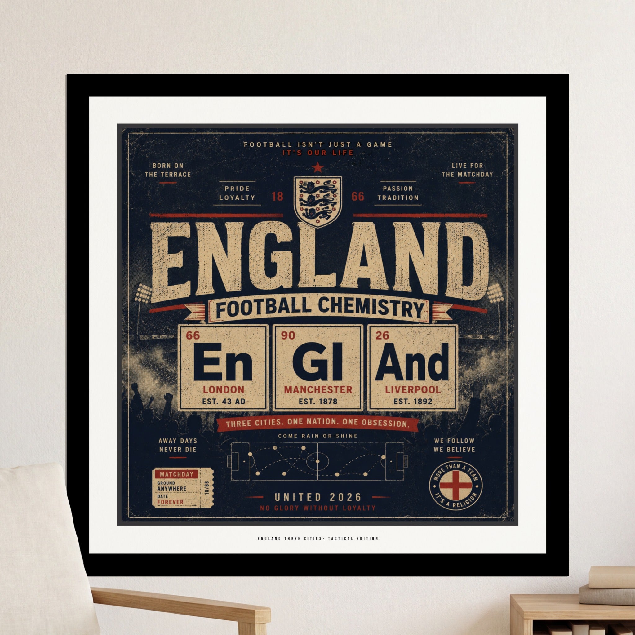 Football Chemistry England periodic table design with city details.
