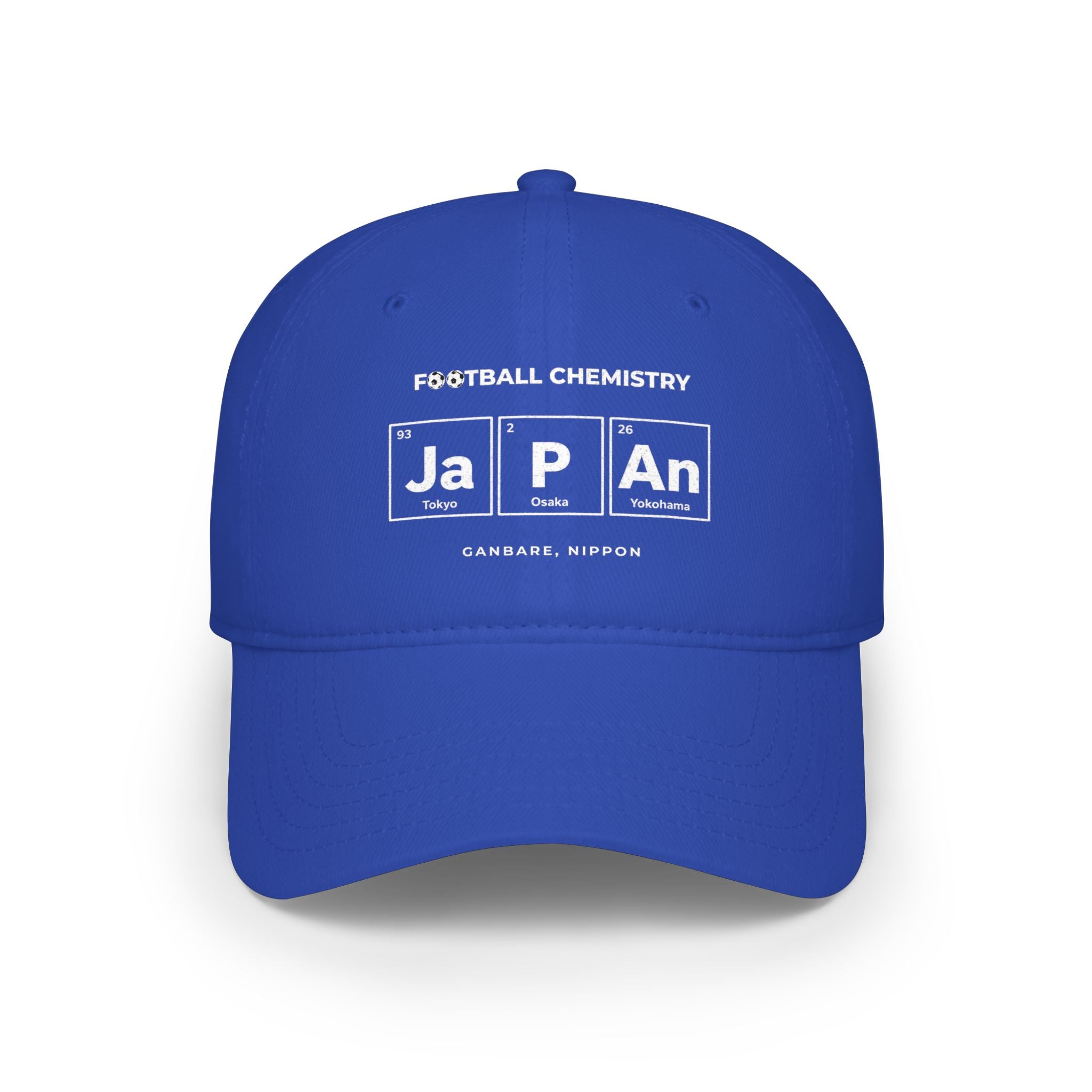 Blue baseball cap with "FOOTBALL CHEMISTRY Ja P An" and city names.