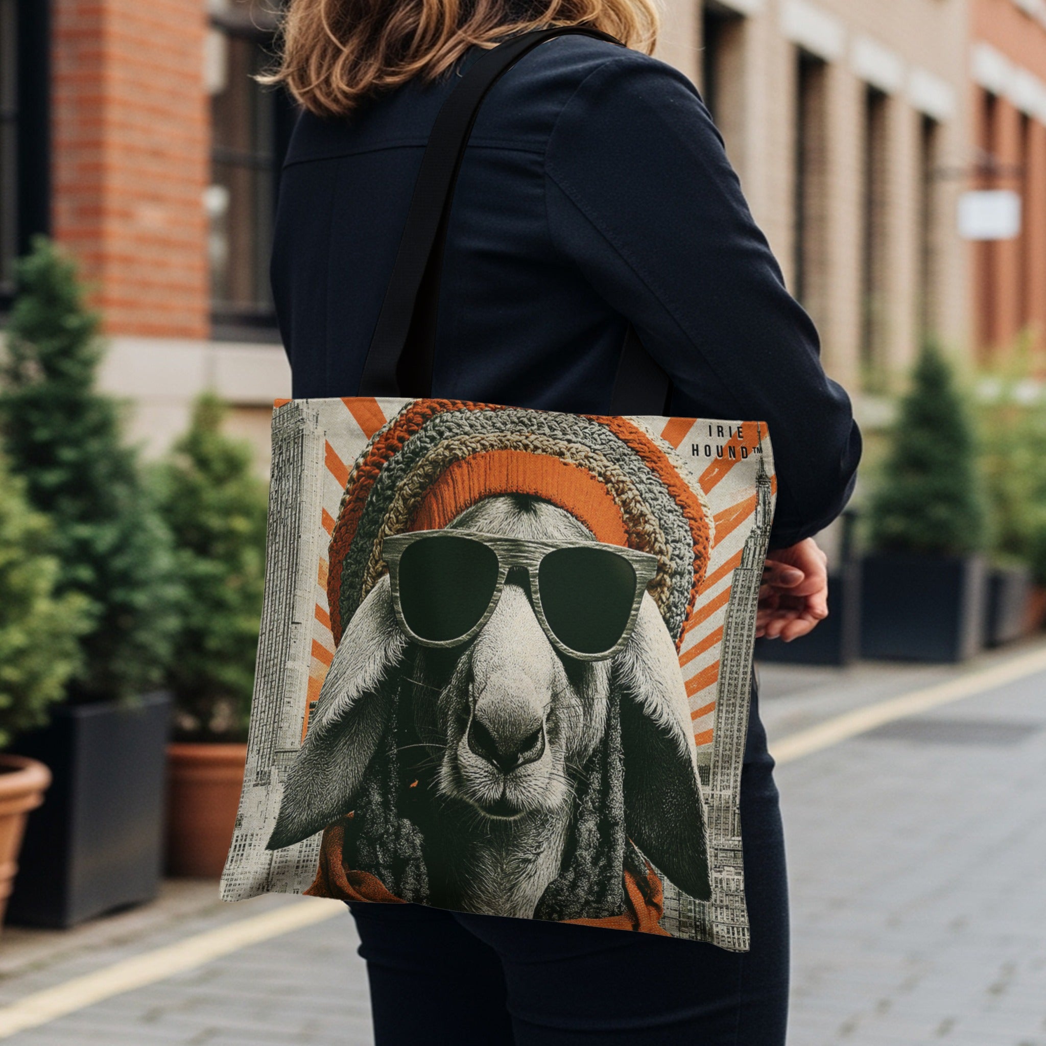 Tote bag featuring a sheep wearing sunglasses and a beanie with "IRISH HOUND" text.