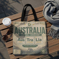 Tote bag with "Football Chemistry" design featuring Australian cities and soccer theme.
