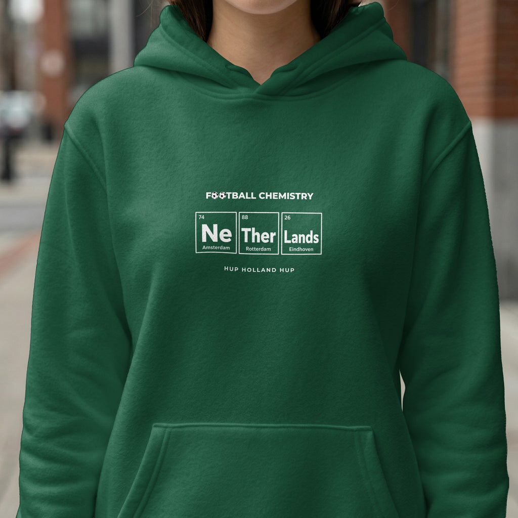 Green hoodie with "Football Chemistry" and periodic table elements representing Netherlands cities.