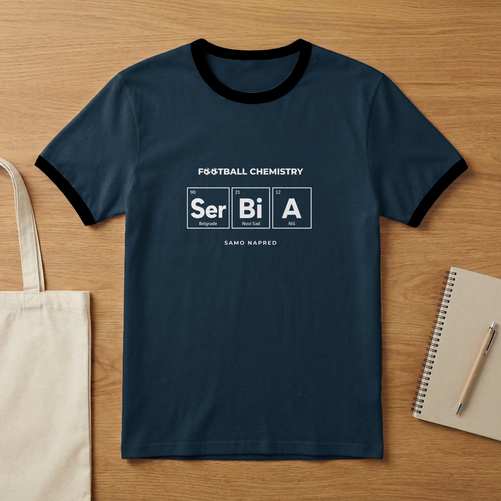 Dark blue t-shirt with "SerBiA" in periodic table style and "Samo Napred" text.