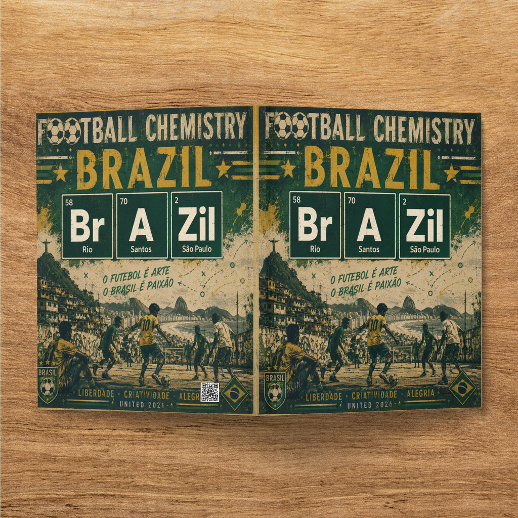 Brazil Football Chemistry periodic table design with football scene and text.