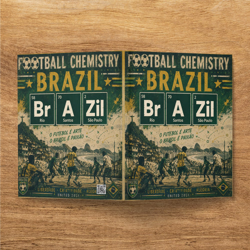 Brazil Football Chemistry periodic table design with football scene and text.