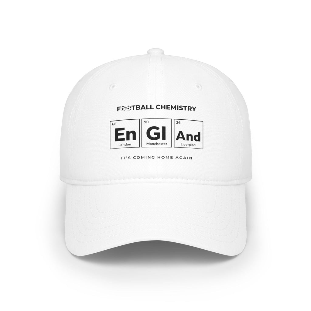 White baseball cap with "Football Chemistry" and periodic table elements.