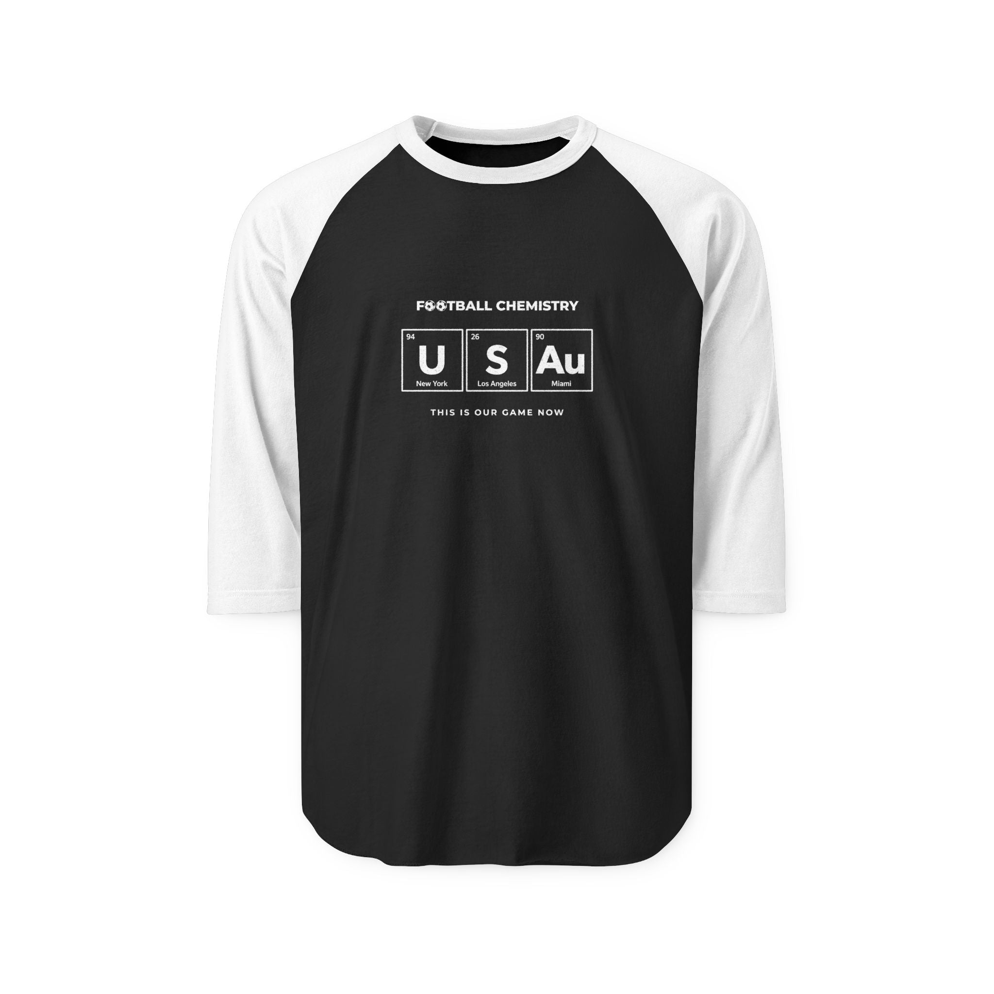 Baseball tee with "Football Chemistry" and "US Au" in periodic table style.