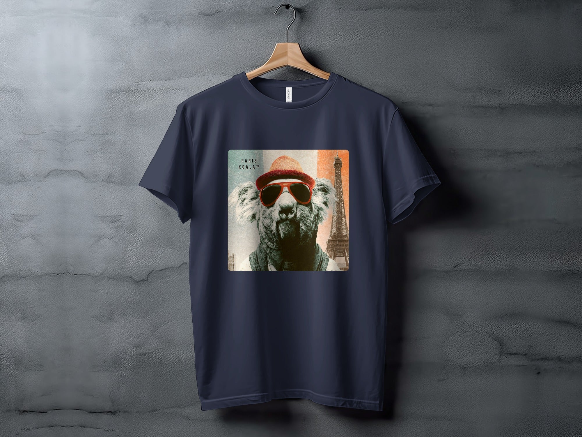 Koala wearing sunglasses and hat with Eiffel Tower and French flag.