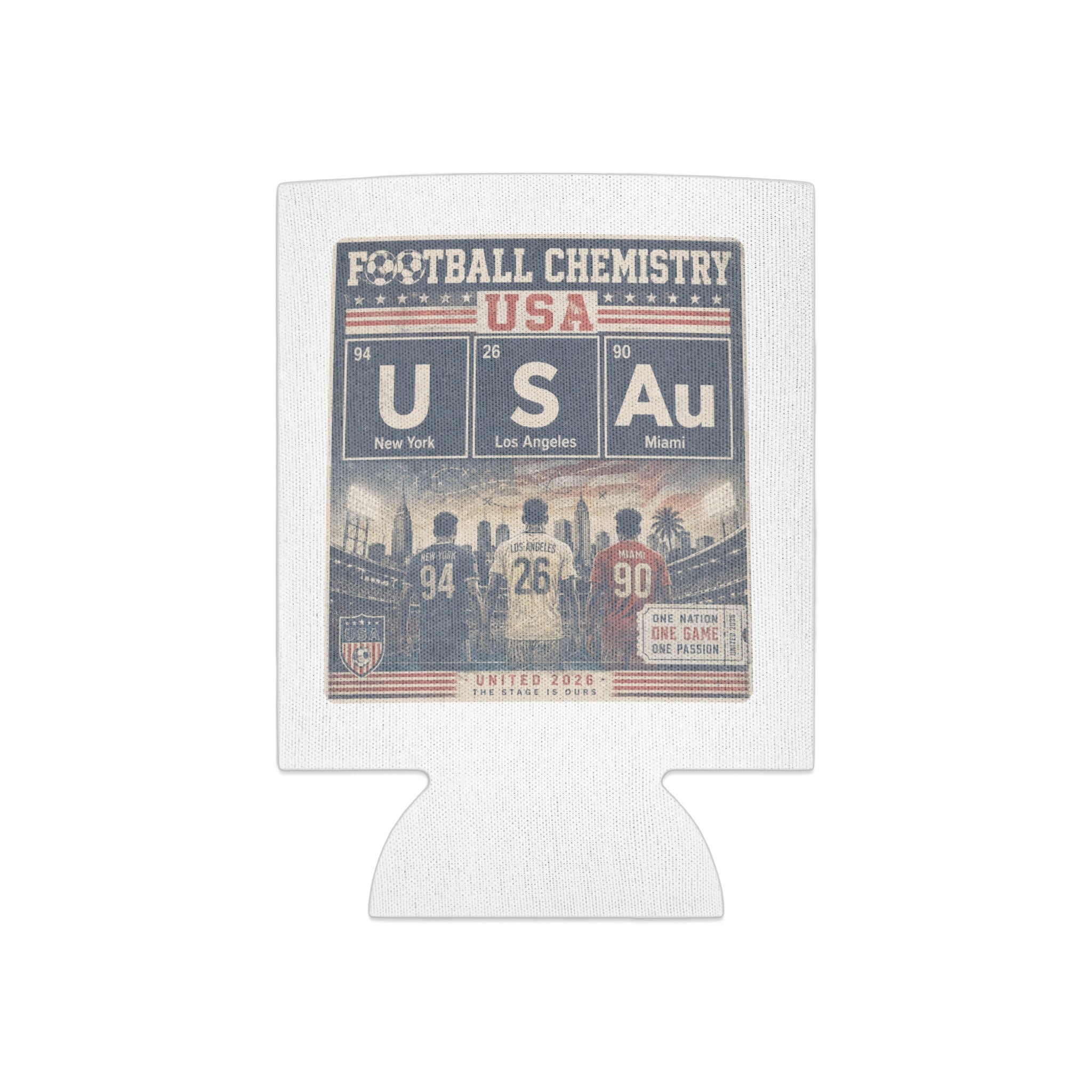 Football Chemistry USA themed koozie with city names and periodic table elements.