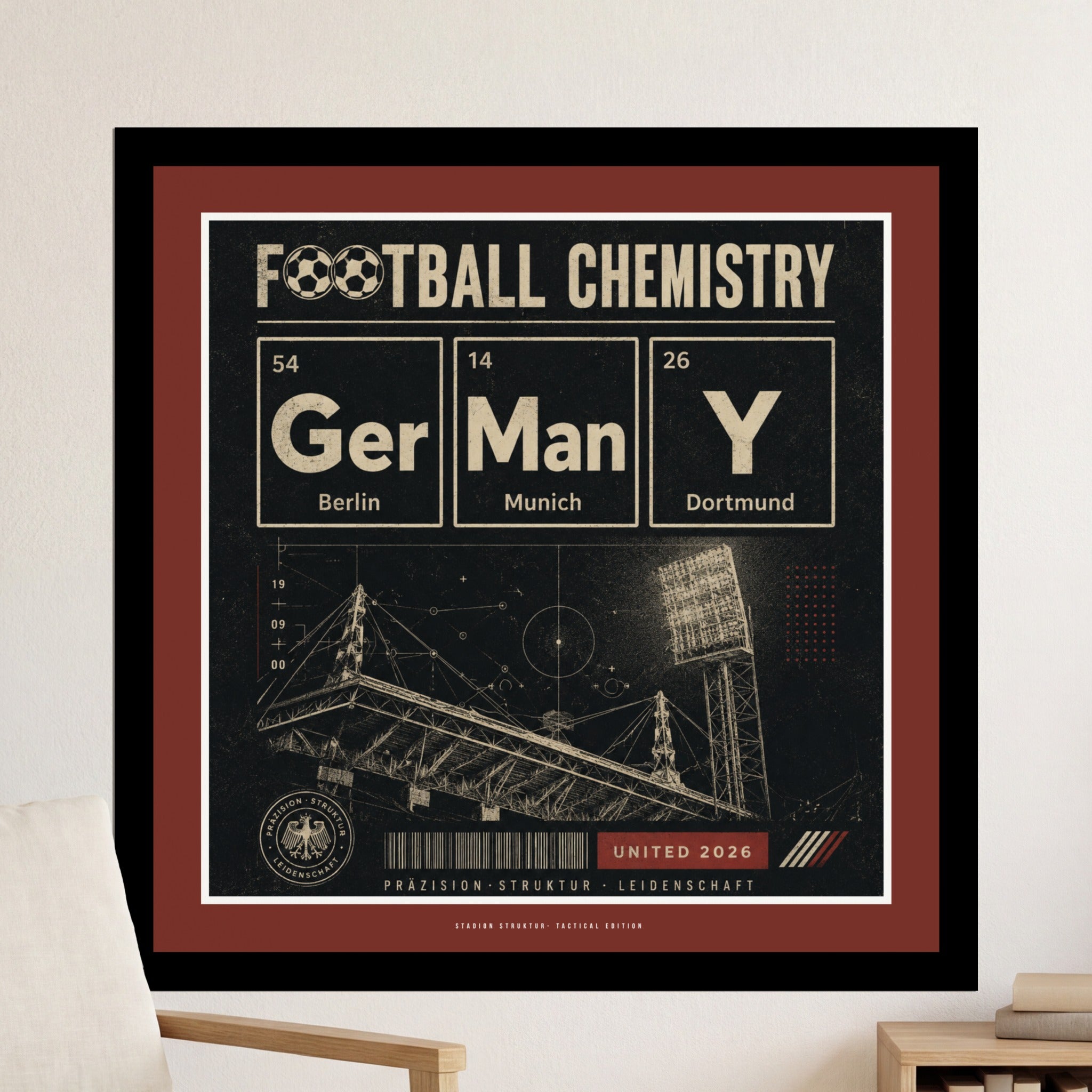 Football Chemistry poster with stadium, city names, and "United 2026".