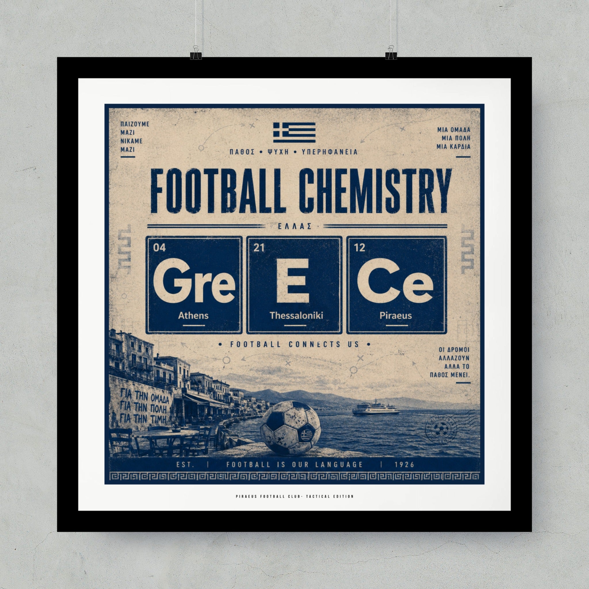 Football Chemistry text with periodic table elements, Athens, Thessaloniki, Piraeus, and stadium background.