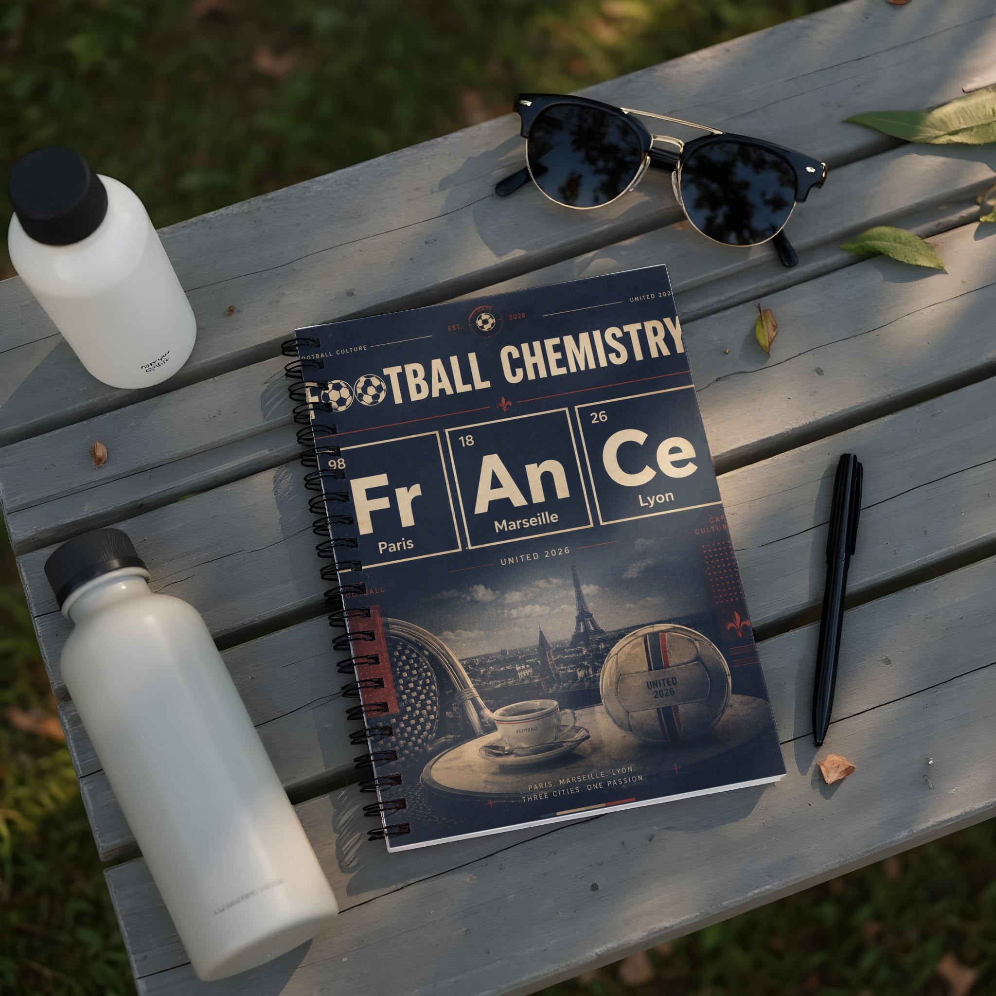 Football Chemistry notebook with Paris, Marseille, Lyon themes and "United 2026" text.