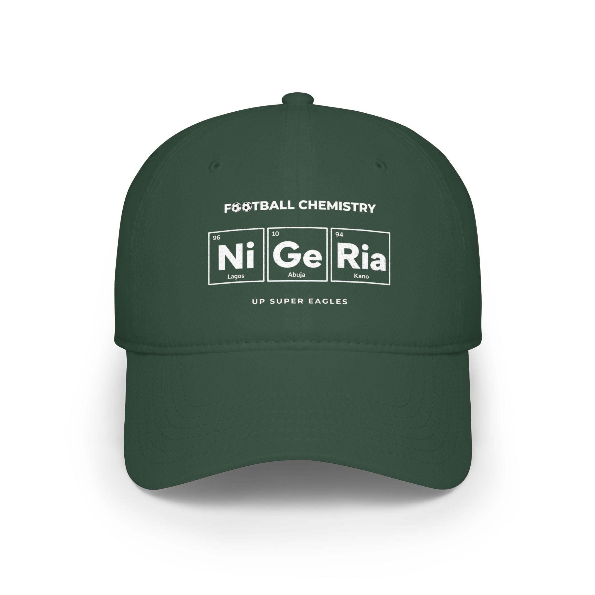 Green baseball cap with "FOOTBALL CHEMISTRY" and "Ni Ge Ria" in periodic table style.