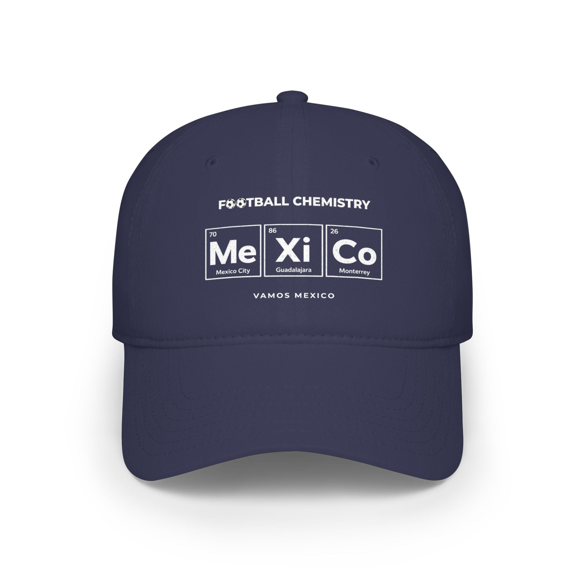 Navy baseball cap with "FOOTBALL CHEMISTRY" and "Me Xi Co" periodic table design.