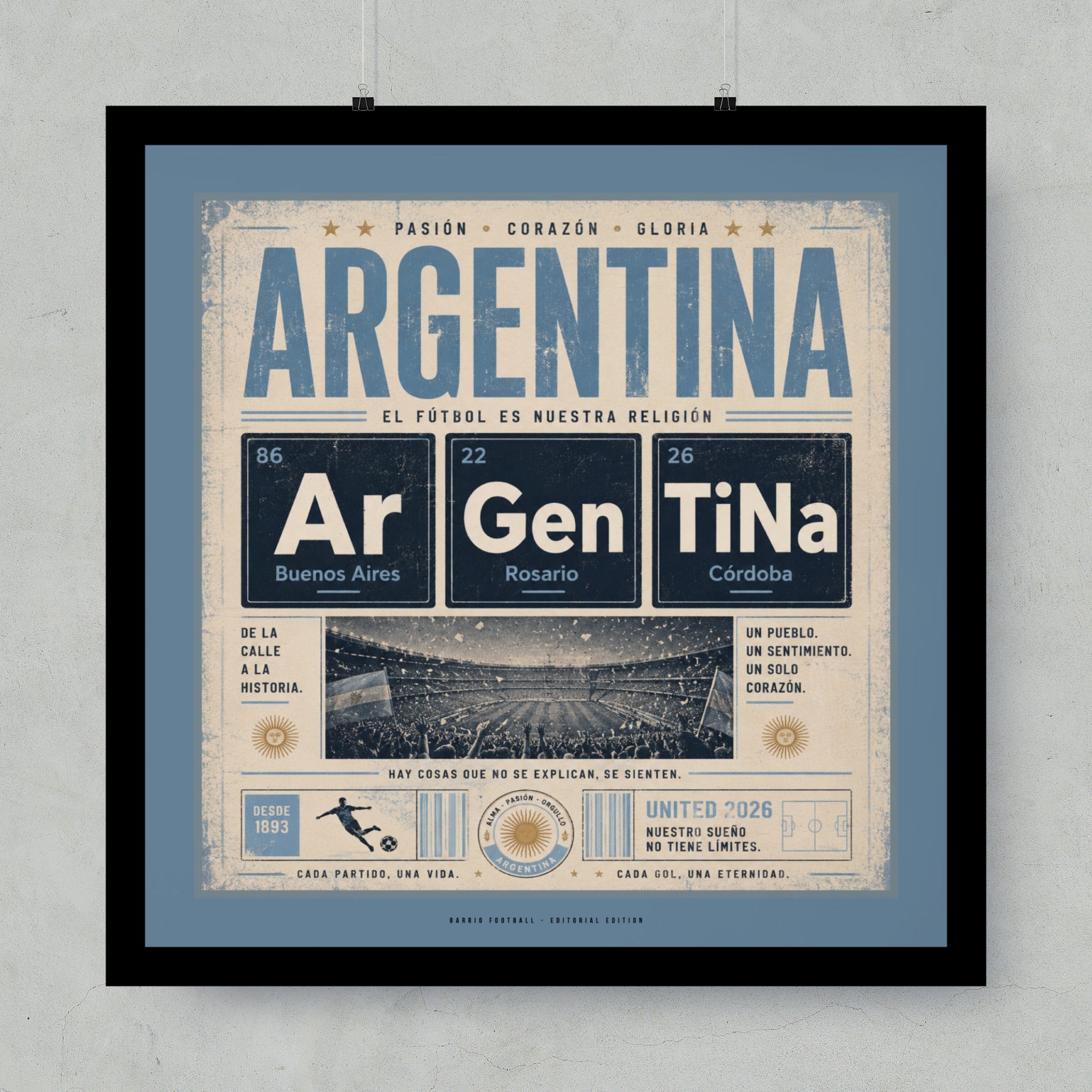 Argentina football poster with "El fútbol es nuestra religión" and team crest.