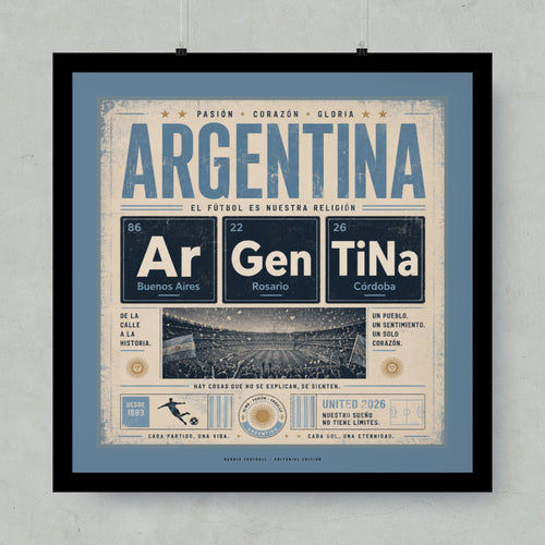 Argentina football poster with "El fútbol es nuestra religión" and team crest.