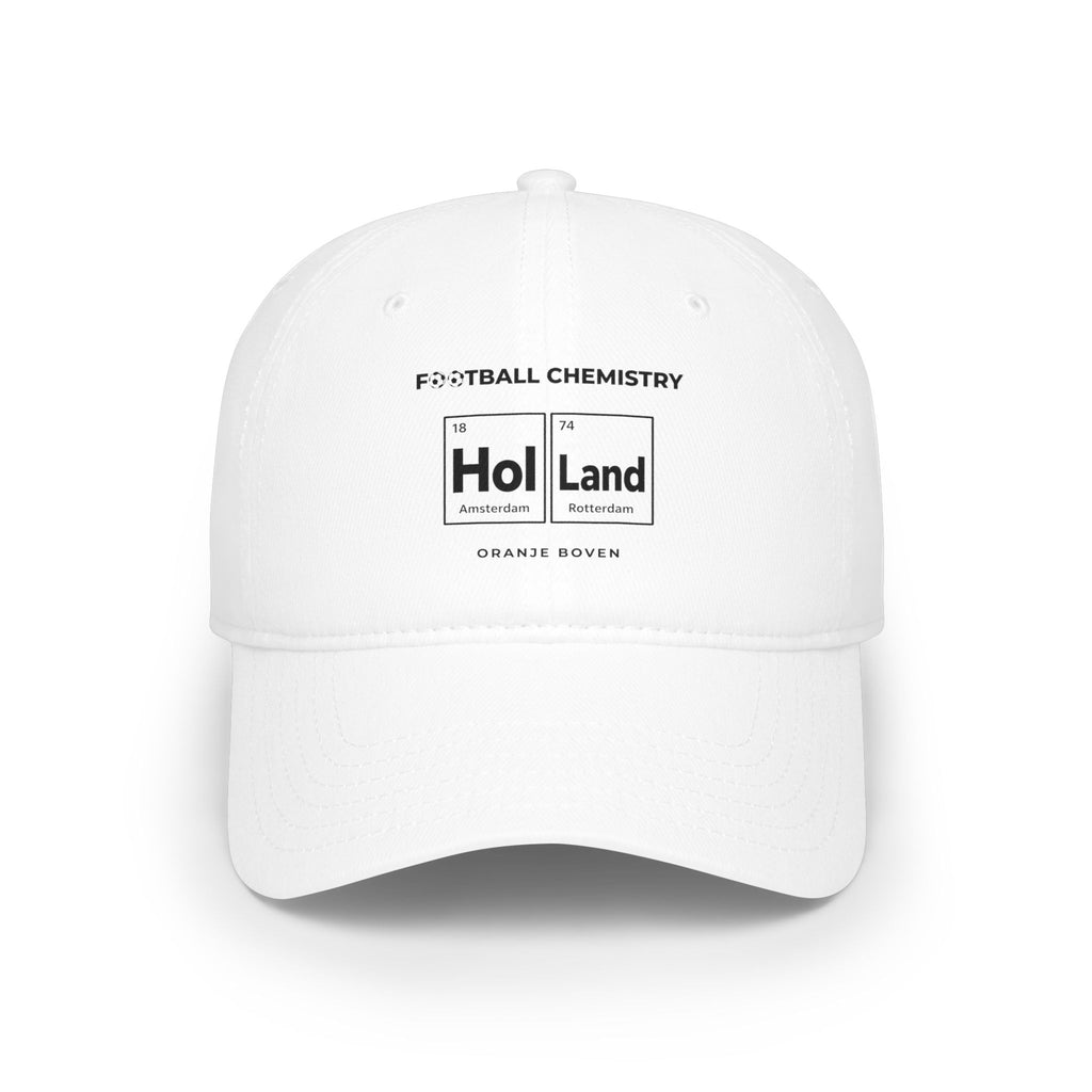 White baseball cap with "Hol Land" design and "Football Chemistry" text.