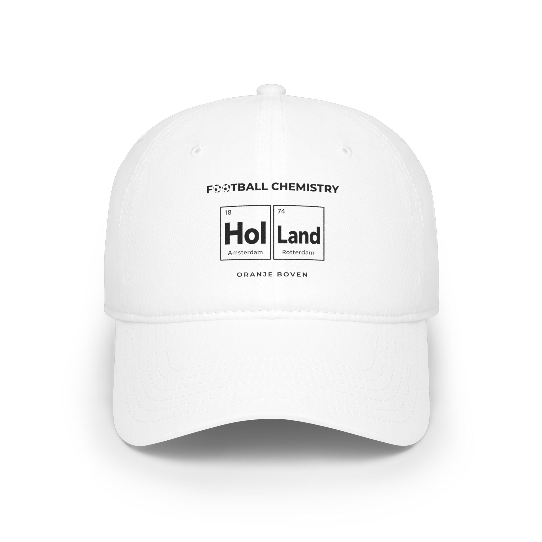 White baseball cap with "Hol Land" design and "Football Chemistry" text.
