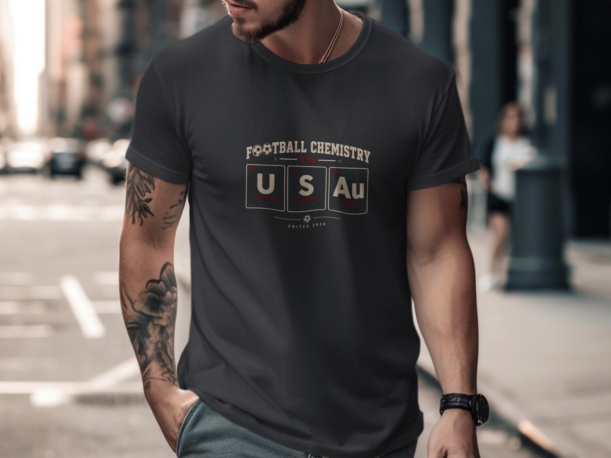 Dark t-shirt with "FOOTBALL CHEMISTRY" text and "USA" in periodic table style.